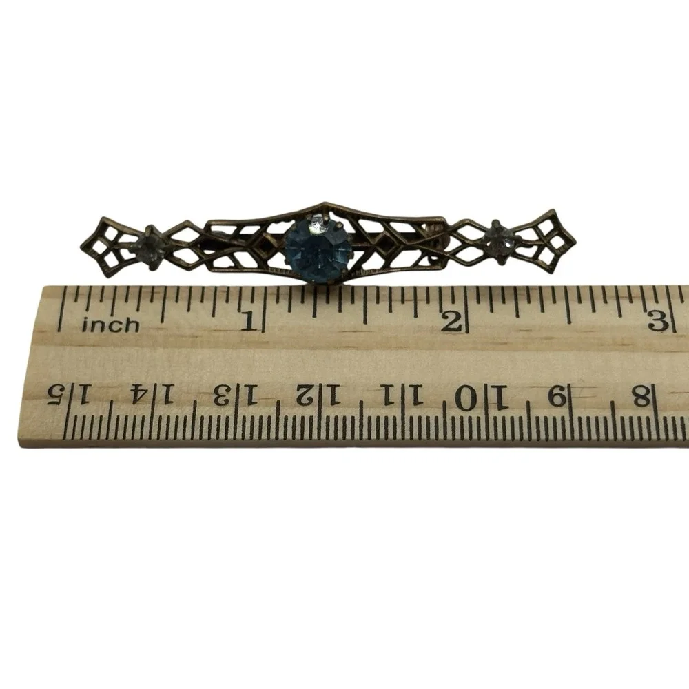 Vintage Bar Brooch Blue Rhinestones Filigree Open Work Ornate Gold Tone Art Deco